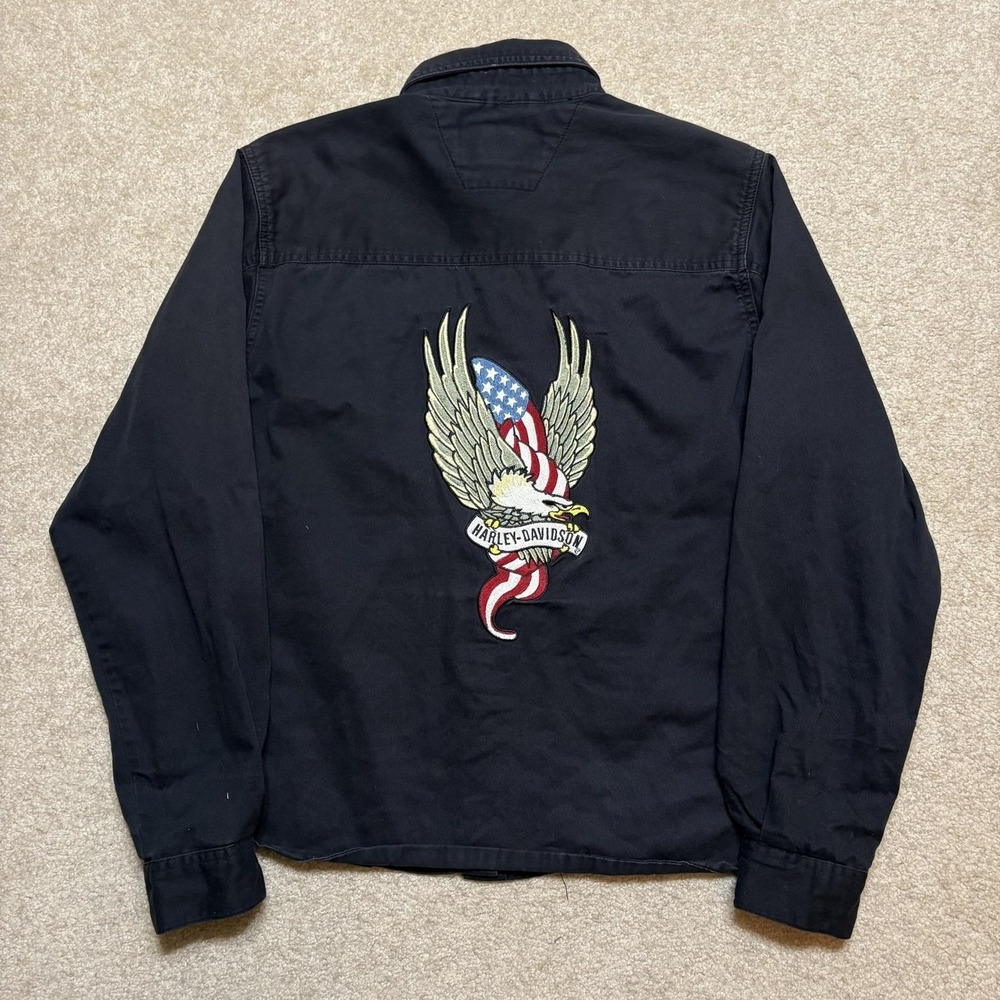 Harley Davidson Shirt Womens L Black Twill Snap Front Long Sleeve Eagle Flag USA